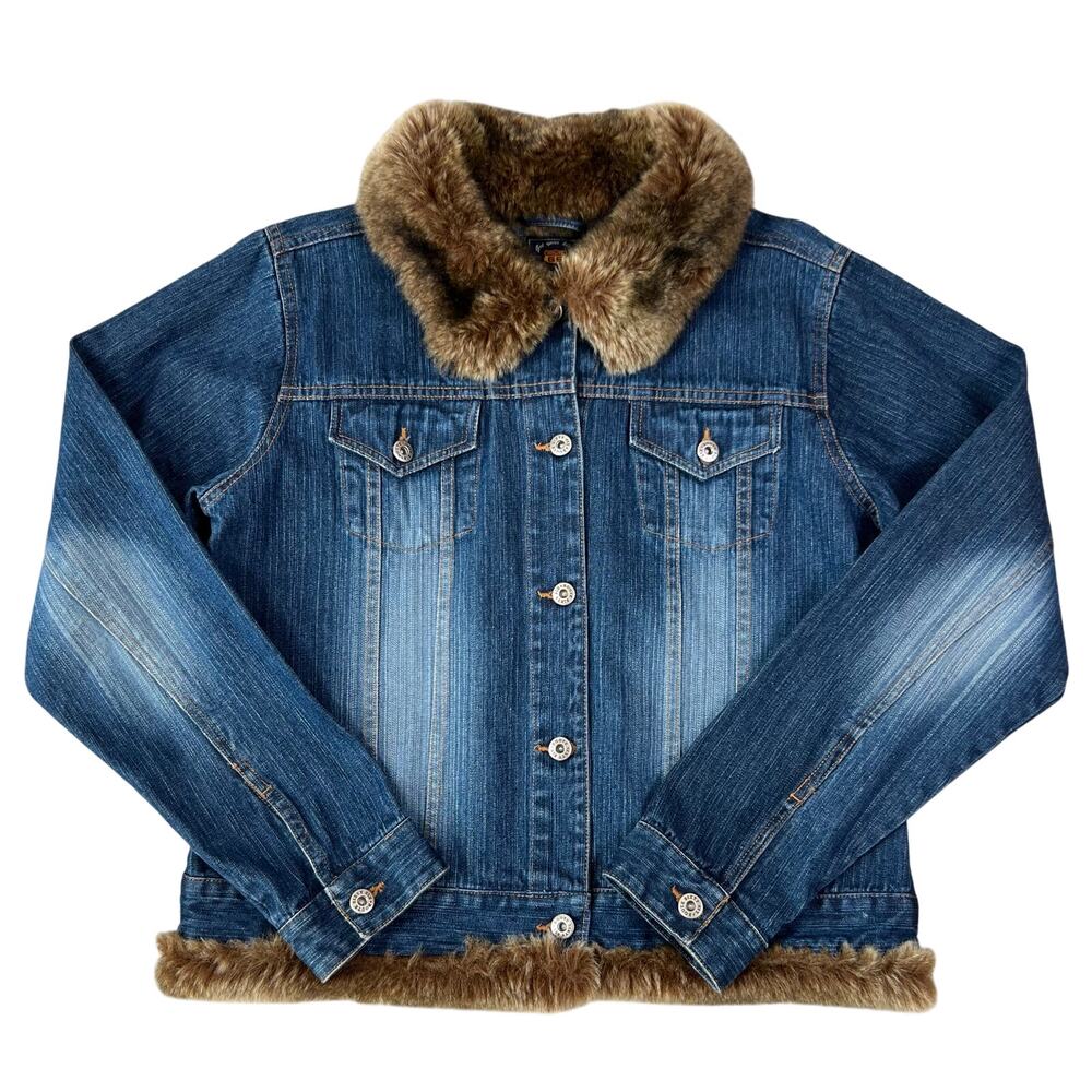 Vintage Y2K Route 66 Denim Faux Fur Trim Collar Button Front Jean Jacket (Sz M)